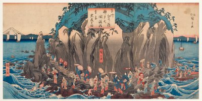 Näkymä pyhiinvaelluksesta Benzaitenin luolaan ja pyhäkköön Enoshimassa, Sagamissa, n. 1850-51 (puupalikka) tekijältä Utagawa Hiroshige