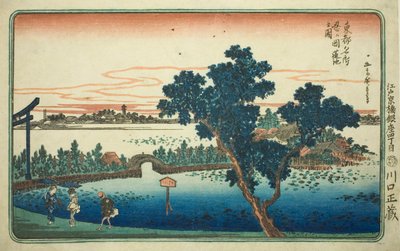 Näkymä Lootuslammikkolle Shinobugaokassa (Shinobugaoka hasuike no zu), sarjasta "Itäisen pääkaupungin kuuluisat näkymät (Toto Meisho)" tekijältä Utagawa Hiroshige