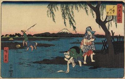 Kylä Tamagawa-joen rannalla, maaliskuu 1858 tekijältä Utagawa Hiroshige