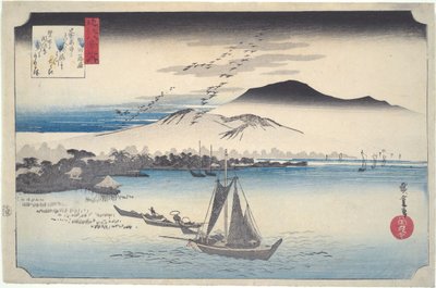 ”Katadaan laskeutuvat villihanhet”, sarjasta ”Kahdeksan näkymää Ōmista” tekijältä Utagawa Hiroshige