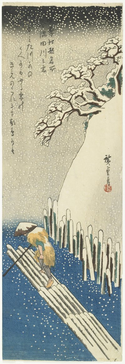 Talvi: Lumi Sumida-joen yllä, n. 1834 tekijältä Utagawa Hiroshige