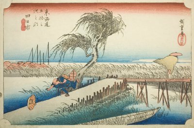 Yokkaichi: Mie River (Yokkaichi, Miegawa), sarjasta "Fifty-three Stations of the Tokaido (Tokaido gojusan tsugi no uchi)", joka tunnetaan myös nimellä Hoeido Tokaido tekijältä Utagawa Hiroshige