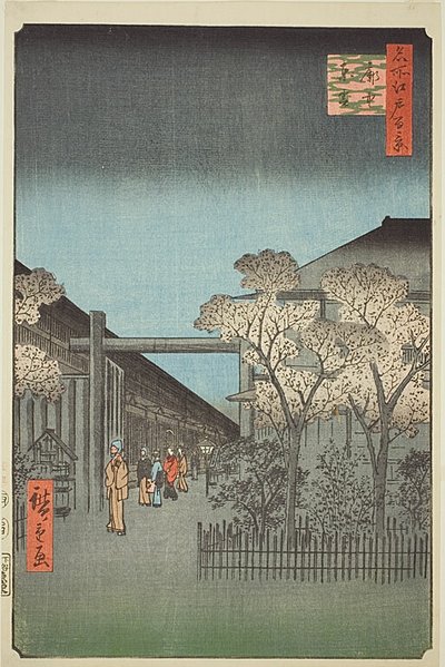 Yoshiwara Licensed Quarters at Dawn (Kakuchu shinonome), nro 38 sarjasta "Sata kuuluisaa näkymää Edosta (Meisho Edo hyakkei)". tekijältä Utagawa Hiroshige