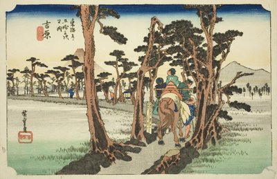 Yoshiwara: Fuji-vuori vasemmalla (Yoshiwara, hidari Fuji), sarjasta "Fifty-three Stations of the Tokaido Road (Tokaido gojusan tsugi no uchi)", joka tunnetaan myös nimellä Hoeido Tokaido tekijältä Utagawa Hiroshige