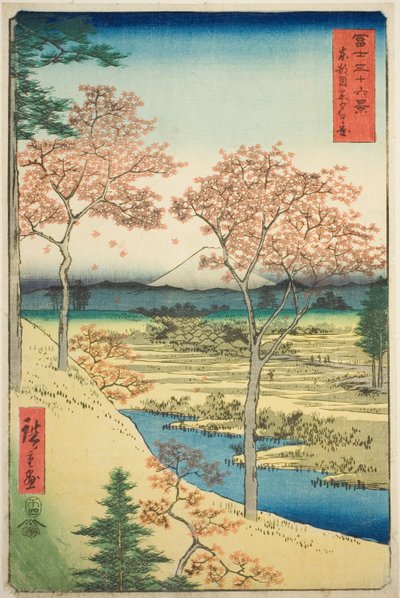 Yuhi Hill Megurossa itäpääkaupungissa (Toto Meguro Yuhigaoka), sarjasta "Kolmekymmentäkuusi näkymää Fuji-vuorelle (Fuji sanjurokkei)" tekijältä Utagawa Hiroshige
