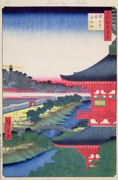 Zojoji-pagodi ja Akabane elokuvasta Sata kuuluisaa Edon näkymät, 1857 (puupalikkaväripainatus) tekijältä Utagawa Hiroshige