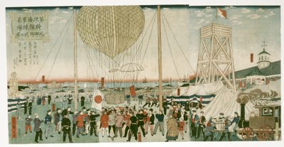 Japanin laivasto testaa kuumailmapalloa Tsukijissa tekijältä Utagawa Hiroshige III