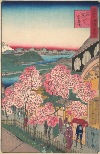 Sisäänkäynti Gankiro-teetaloon Miyozakin alueella, Yokohama, Bushu, 3. kuukausi, 1859. tekijältä Utagawa Hiroshige II
