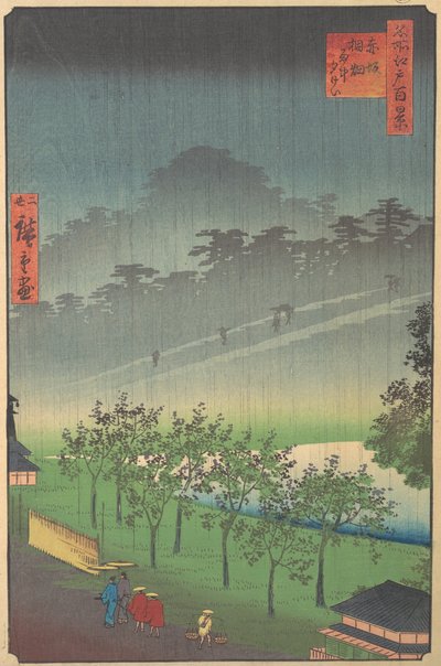 Iltanäkymä Kiribatasta sateessa Akasakassa, 1859. tekijältä Utagawa Hiroshige II