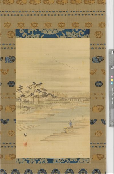 Jokimaisema: puupihat ja lautat, 1800-luvun puoliväli. tekijältä Utagawa Hiroshige II