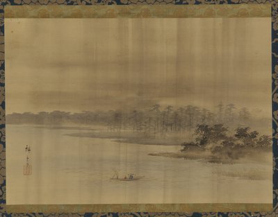Jokimaisema ja temppeli sateessa, Edo-kausi, 1800-luku. tekijältä Utagawa Hiroshige II
