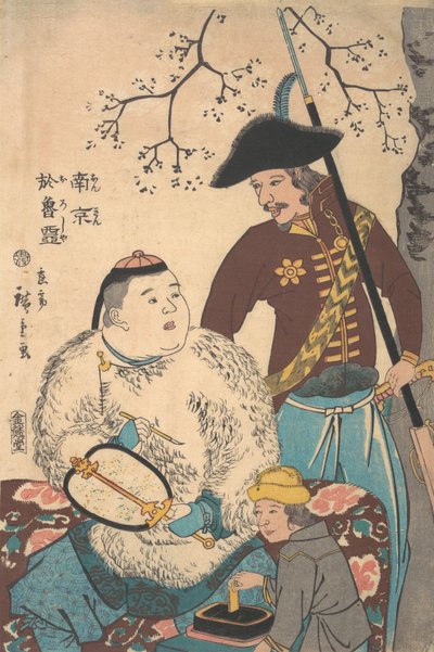 Venäläiset ja kiinalainen kirjoittamassa tuuletin, 12. kuukausi, 1860. tekijältä Utagawa Hiroshige II
