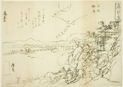 Sketch Autumn Moon at Ishiyama Temple (Ishiyama no shugetsu), sarjasta "Kahdeksan näkymää Omin maakunnassa (Omi hakkei)" tekijältä Utagawa Hiroshige II