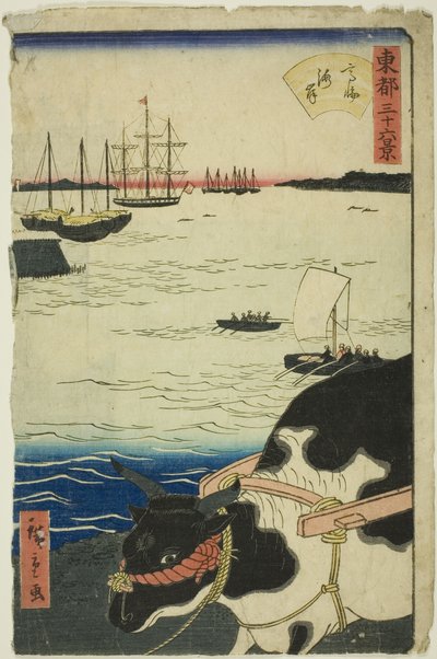 The Beach at Takanawa (Takanawa kaigan), sarjasta "Kolmekymmentäkuusi näkymää itäiseen pääkaupunkiin (Toto sanjurokkei)" tekijältä Utagawa Hiroshige II