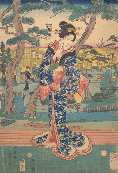 Nuori tyttö teehuoneessa Iriyassa, 1800-luvun puoliväli. tekijältä Utagawa Hiroshige II