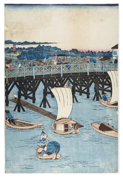 Kuuluisia paikkoja Tokiossa, todellinen näkymä Ryogoku-sillalle tekijältä Utagawa II Hiroshige