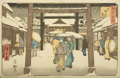 Shinmei-pyhäkkö Shibassa (Shiba Shinmeig?) (värillinen puupainatus) tekijältä Utagawa II Hiroshige
