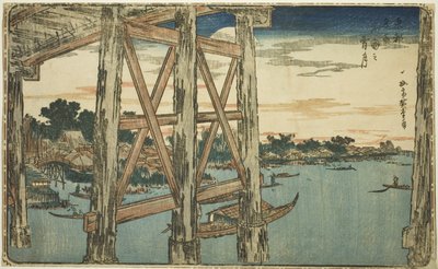 Twilight Moon at the Ryogoku Bridge (Ryogoku no yoizuki), n.1831 (värillinen puupalikkaprintti; oban) tekijältä Utagawa I Hiroshige