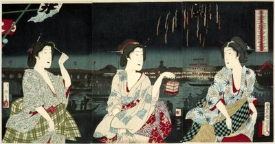 Nautitaan iltatuulesta ilotulituksen aikana Ryogokussa Ryogoku hanabi yusuzumi no kei (otsikko esineessä) tekijältä Utagawa Kunichika