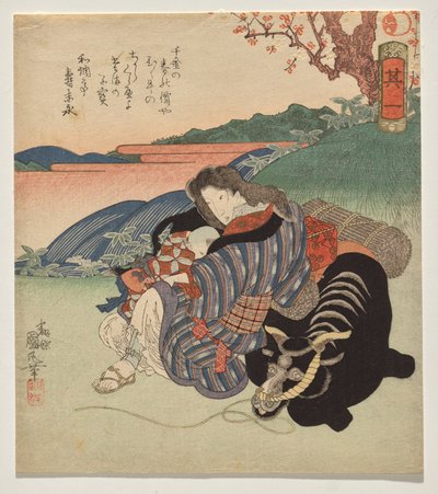 Nainen ja poika lepäämässä härkää vasten tekijältä Utagawa Kunimaru
