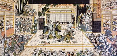 Kabuki-teatteriesitys Edossa, Utagawa Kunimarun (1794-1829) ukiyo-e-taidevedos, puupiirros, japanilainen sivilisaatio, Edo-kausi tekijältä Utagawa Kunimaru