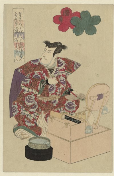 Mies pukupöydän ääressä Sekidera-temppeli (otsikko esineessä) tekijältä Utagawa Kunisada (I) (attributed to)