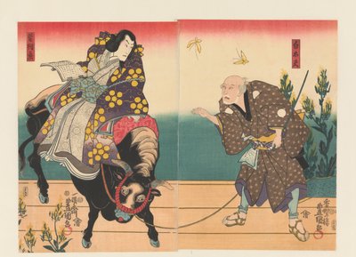 aFarmer seuraa hoviherraa mustalla härällä tekijältä Utagawa Kunisada (I)