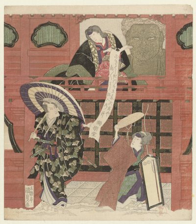 Kolme näyttelijää temppelin portilla tekijältä Utagawa Kunisada (I)