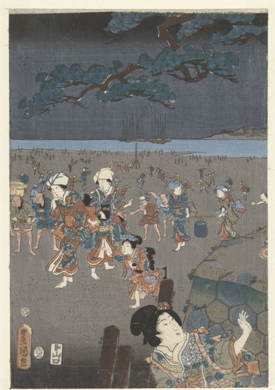 Kerää simpukoita Akashin rannalla Akashi no ura shiogari no zu tekijältä Utagawa Kunisada (I)