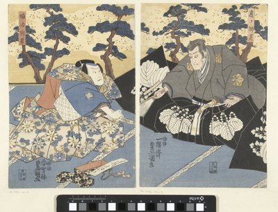 Kaksi näyttelijää hovimiehinä tekijältä Utagawa Kunisada (I)