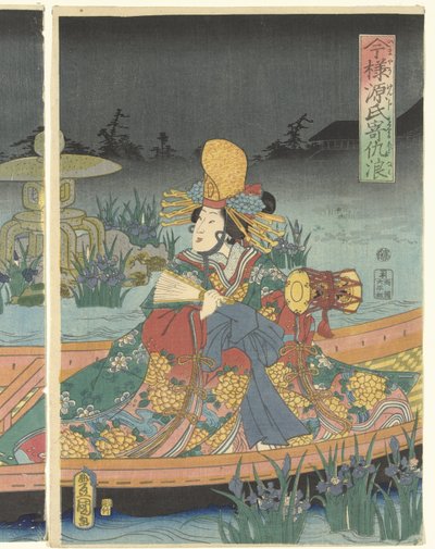 Vihollisen aallot lähestyvät nykyaikaista prinssi Genjiä Imayo Genji yoseru adanami (otsikko esineessä) tekijältä Utagawa Kunisada (I)