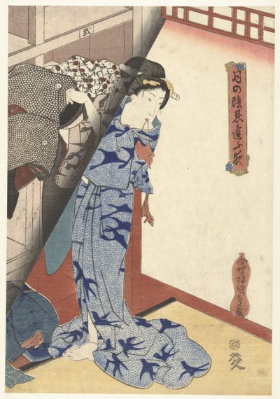 Nainen laittaa kimonon pois Moonlightin salaiset yötreffit (sarjan nimi) Tsuki no kage shinobiau yoru (sarjan nimi esineessä) tekijältä Utagawa Kunisada (I)