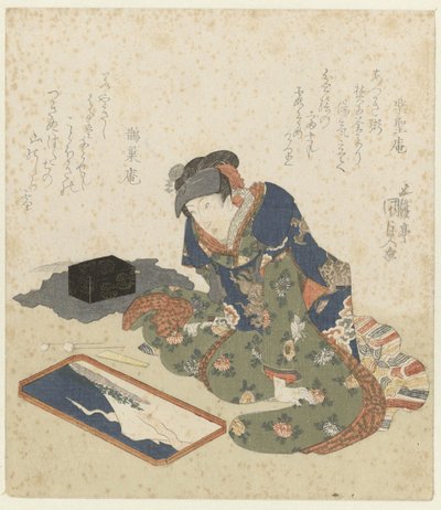 Nainen tekee hiekkamaalauksen tekijältä Utagawa Kunisada (I)