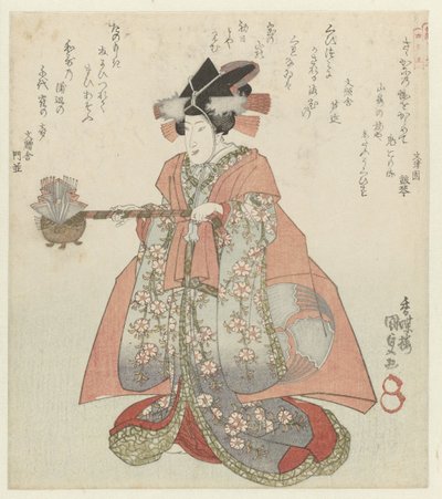 Nainen sake-vedenkeittimen kanssa Katsushika Poetry Societyn neljä uskollista vasallia Katsushika Shitennô (sarjan nimi) tekijältä Utagawa Kunisada (I)