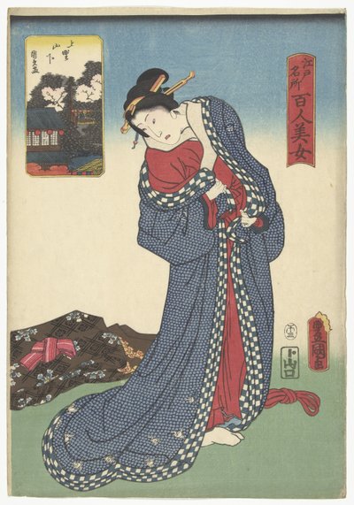 Yamashita Uenossa Ueno Yamashita (otsikko esineessä) Vertaa sataa kauneutta kuuluisiin paikkoihin Edossa (sarjan nimi) Edo meisho hyakunin bijo (sarjan nimi esineessä) tekijältä Utagawa Kunisada (I)