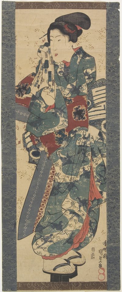 (Nainen pitelee pyyhettä), 1843-1847 tekijältä Utagawa Kunisada