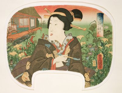 Autumn, Hanayashiki: Geisha piipulla, suunnittelu tuulettimelle neljän kappaleen sarjasta, joka kuvaa vuodenaikaa, 1858-60 (puupalikkaprintti) tekijältä Utagawa Kunisada