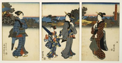 Kurtisaanit kävelyllä meren rannalla tekijältä Utagawa Kunisada