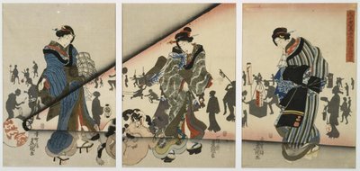 Yökohtaus, jossa on tyttöjä, eläimiä ja lyhtyjä tekijältä Utagawa Kunisada