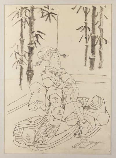 Valmistelupiirros triptyykin Tyttöjen elegantti soitintrio vasenta lehteä varten tekijältä Utagawa Kunisada