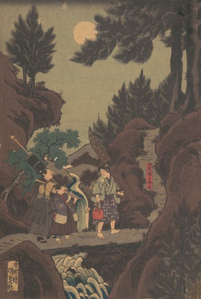 Shanao [Yoshitsune] oppii taistelulajeja Sojogatanissa Shanao Sojogatani ni h..., 1830-luvun Tenpô-aikakausi. tekijältä Utagawa Kunisada