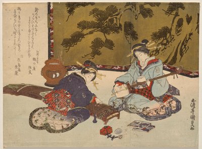 Kaksi kurtisaania soittamassa soittimia tekijältä Utagawa Kunisada