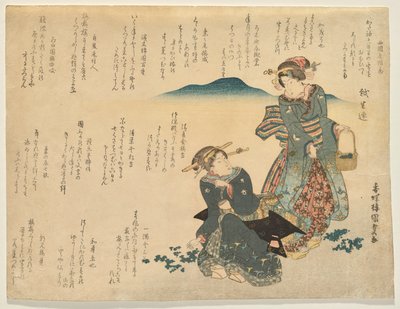 Kaksi naista keräämässä seitsemän perinteistä yrttiä uutta vuotta varten tekijältä Utagawa Kunisada