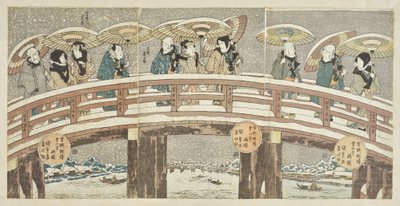 Talvikohtaus, jossa näyttelijöiden kulkue tuo onnea tekijältä Utagawa Kunisada