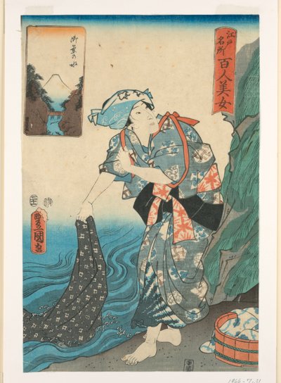 Nainen pesee kangasta purossa tekijältä Utagawa Kunisada