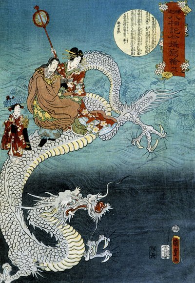 Lohikäärme ja japanilainen perinteisessä puvussa - Kounisodan japanilainen printti tekijältä Utagawa Kunisada III
