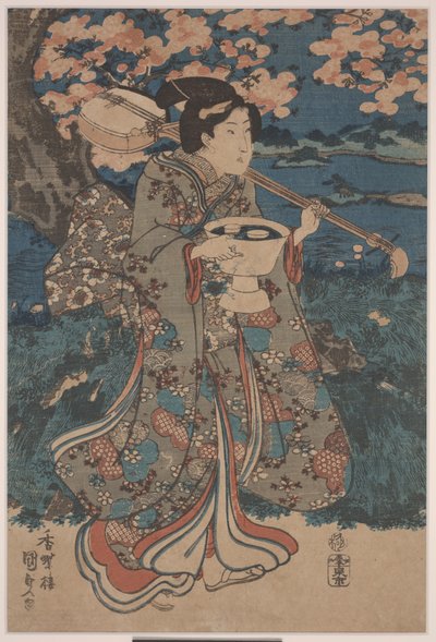 Kirsikankukkien katselujuhliin menossa (värillinen puupiirros) tekijältä Utagawa Kunisada III