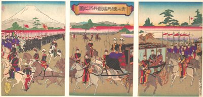 Näkymä sotilaskatsauksen paraatista Aoyamassa helmikuuta 1889 Meiji 22. helmikuuta 1889 Meiji 22. tekijältä Utagawa Kunisada II