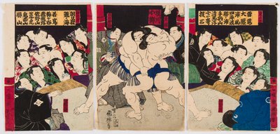 Sumopainien taistelu. Utagawa Kuniteru (1808-1876) - Sumopainijat, kirjoittanut Kuniteru, Utagawa (1808-1876). Värillinen puupiirros. Yksityinen kokoelma tekijältä Utagawa Kuniteru