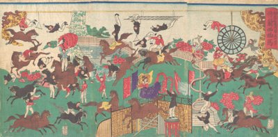 French Equestrian Circus on the grounds of Asakusa Kannon temple Asakusa kannon keidai ni..., 1871.  tekijältä Utagawa Kuniteru